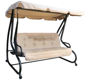 Huśtawka ogrodowa bujana łóżko rozkładane z daszkiem mocna beżowa